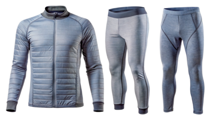 Down jacket and multiple pairs of insulated gray pants, suitable for extreme climates.