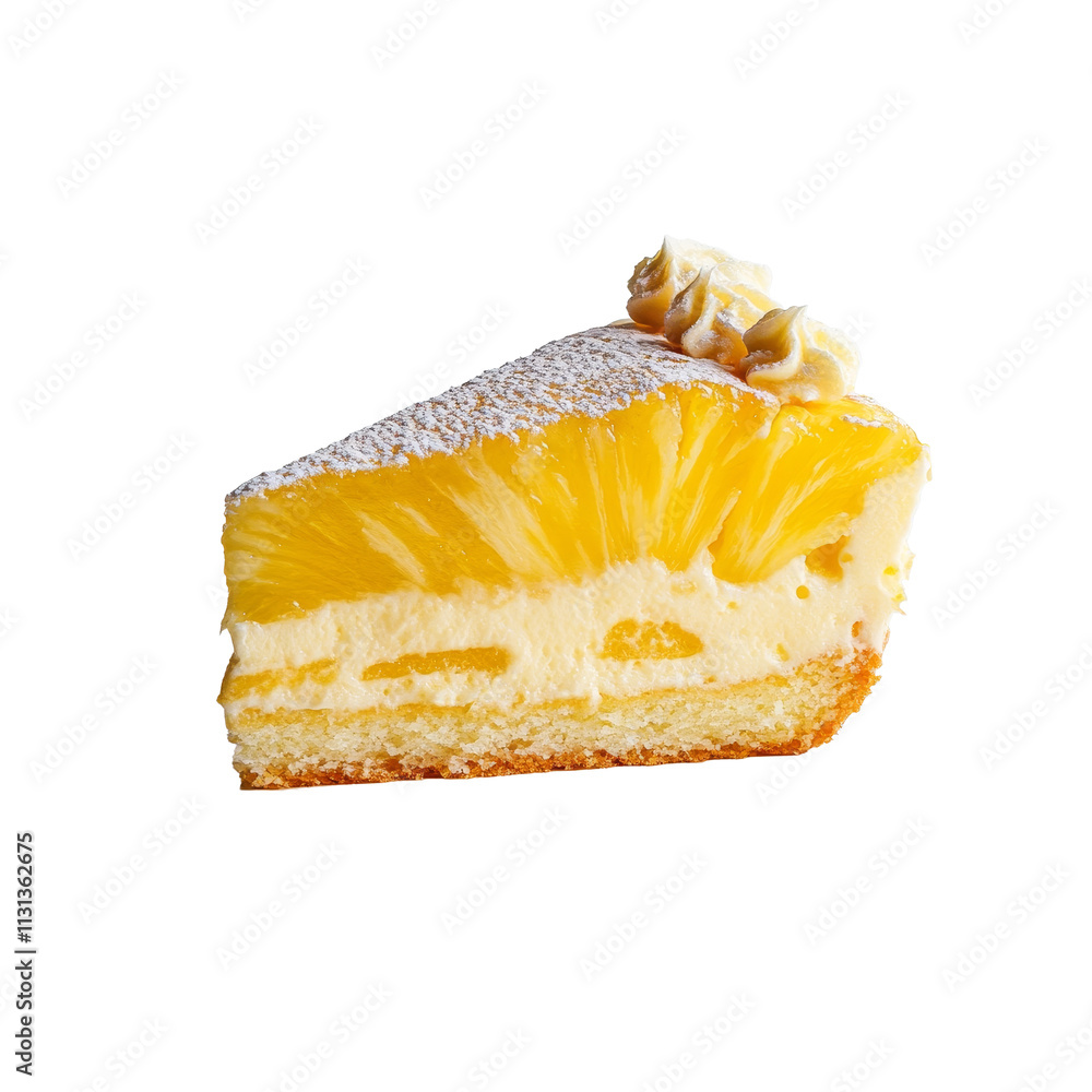 Poster deliciously refreshing pineapple cake slice on a clean minimalist background, pineapple cake slice o