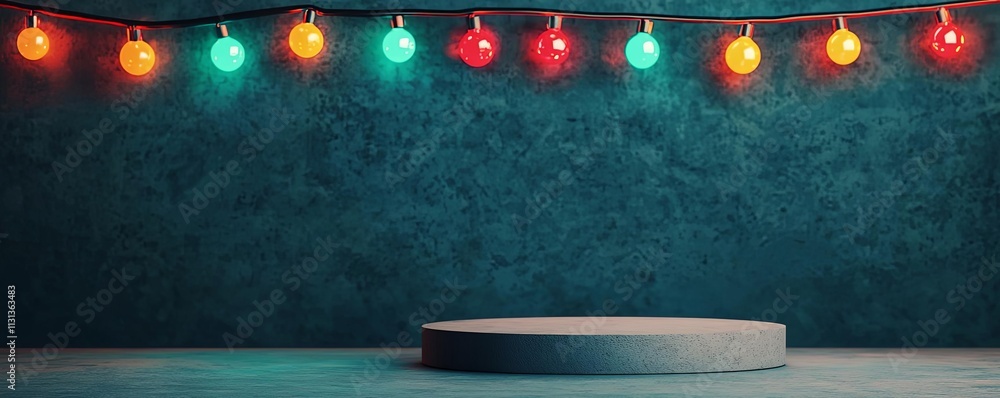 Poster a vibrant display of colorful lights illuminating a circular podium against a textured backdrop.