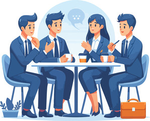 Obraz premium Partners meeting for business discussion with documents and laptop on desk. Couple at round table, speaking, discussing work, partnership. Flat vector on a white background