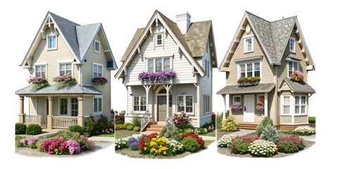 set of family houses with a garden with beautiful colouful flowers, isolated on a white background.AI GENERATED