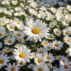 Fototapeta premium A single daisy in a vast sea of white flowers basking in the warm sunlight, gentle hue, daisy field