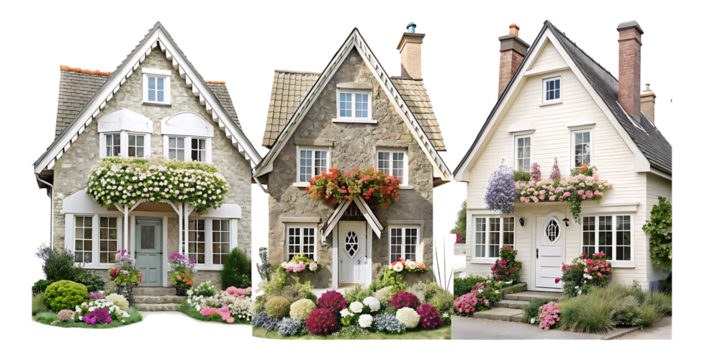 set of family houses with a garden with beautiful colouful flowers, isolated on a white background.AI GENERATED