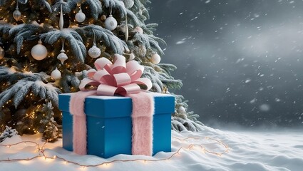 Blue Gift with Snowy Tree Background