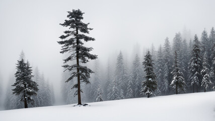 Snow-covered pines in the middle of a misty forest in the background.