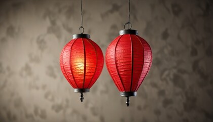 Obraz premium A small, red, paper lantern-like ornament hanging from a thin wire, crimson hue, colorful embellishment