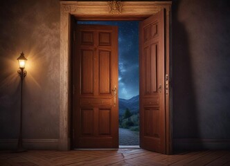 A starry night with a beautiful, old-fashioned door, eerie, Victorian, antique