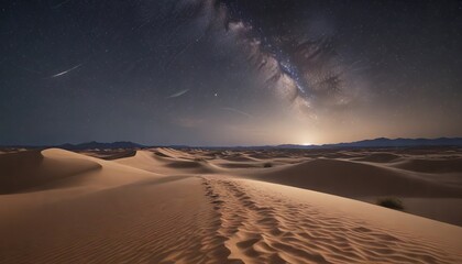 a vast expanse of sandy dunes stretching out under the starry night sky with a few scattered stars twinkling above, natural beauty, striking, peaceful