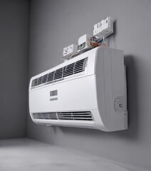 Air conditioner isolated on a gray background with visible wires and electrical components , office, appliance, modern