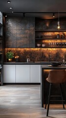  Dark Wood Kitchen, Textured Cabinetry & Glass Elements, Brightly Lit for Commercial Use