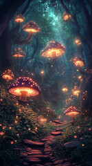Fototapeta premium game background A magical forest lit by bioluminescent plants, glowing mushrooms, and sparkling fairy lights