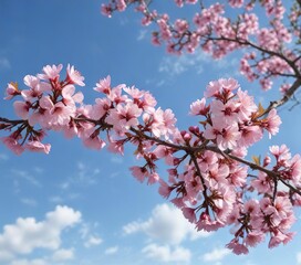Obraz premium Delicate pink blossoms on a branch suspended in mid-air amidst a clear blue sky , clear, beauty, nature