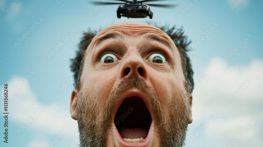 Poster man with a surprised expression looking up at a helicopter in the sky