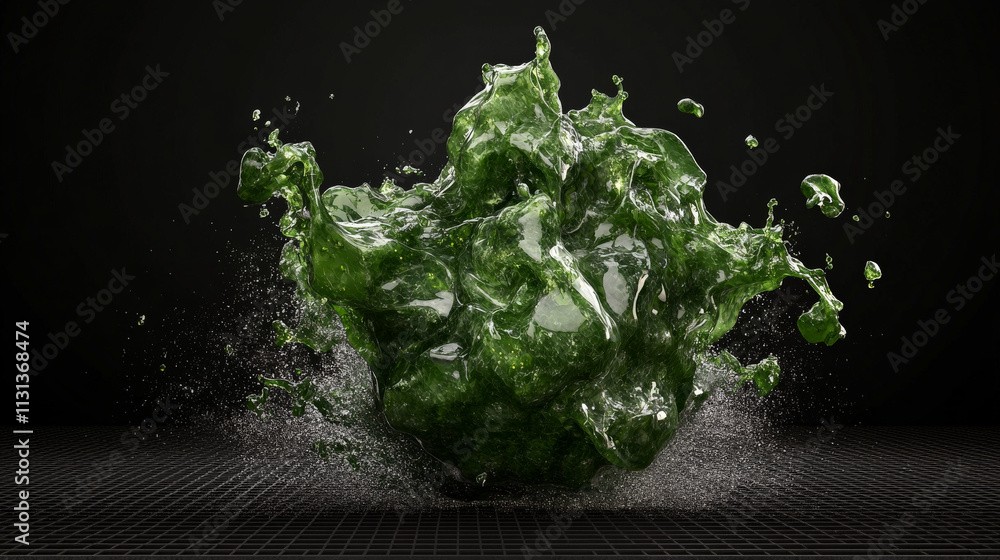 Poster liquid chaos: abstract green splash. a dynamic, high-resolution image depicting a vibrant green liqu