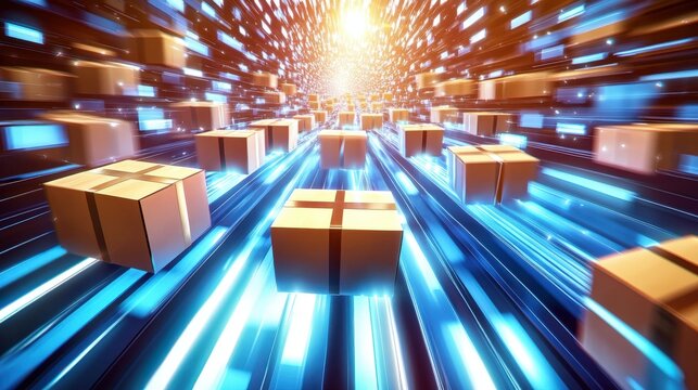 Conceptual imagery of cardboard boxes traversing hyperloop transportation routes.