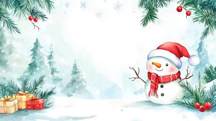 cute christmas holiday watercolor illustration with snowmen and presents, free space for text, greeting card