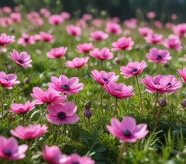 Fototapeta premium Pink anemone flowers in a meadow with blurred effect , blurred effect, ranunculaceae