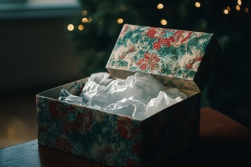 Fototapeta premium A beautifully wrapped gift box sits ready for the holidays. The intricate design invites curiosity. Celebrate the joy of giving and receiving gifts. Generative AI.
