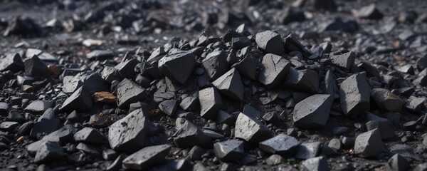 A large pile of black coal fragments scattered around the ground, splintered, broken, pieces
