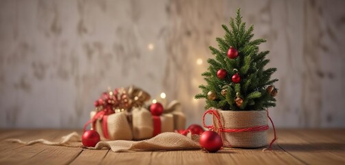 A miniature spruce tree wrapped in burlap with twine and ornaments, earthy, autumnal colors