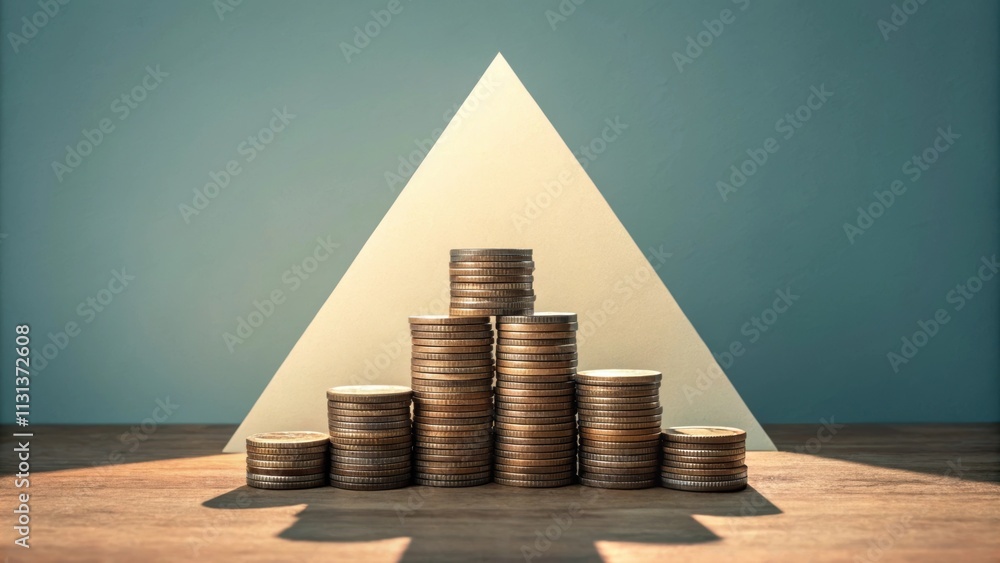 Poster stacks of coins forming a pyramid shape on a wooden table with a triangular light beam in the backgr