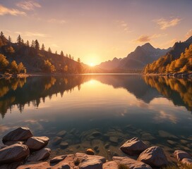A serene scene of Adolfosee Lake at sunset with warm golden light, scenery, calmness, peacefulness