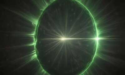 Obraz premium A single bright green flash on a dark background with the sun clearly in focus and light emanating outward in a radial pattern , camera artefact, glowing speck, sunlight