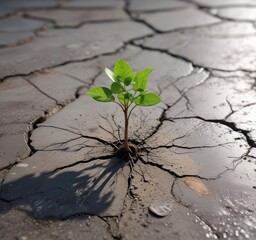 Obraz premium A small tree sprouts from the surface of a cracked concrete slab, tiny trees, natural resilience, vertical growth