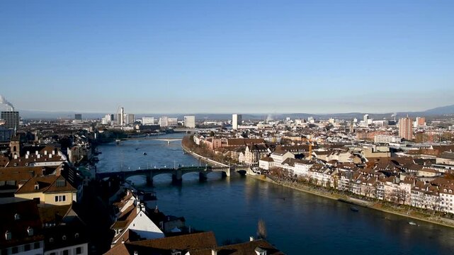 Cityscape of Basel with Rhine river and bridges, view from Basler M&uuml;nster cathedral