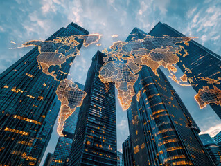 World map hologram overlaying modern skyscrapers, showcasing global connectivity and urban architecture. stunning blend of technology and city life