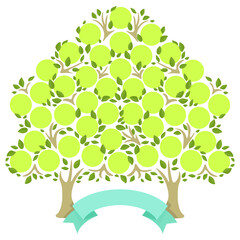 Retro green genealogical tree with photo frames and ribbons for inscriptions consists of two trees that merge into one