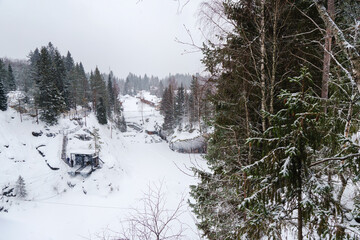 Winter in the park. Karelia Ruskeala Nature Reserve in winter. It is snowing in the forest.
