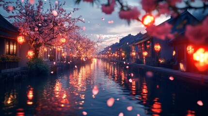 A peaceful evening by the river with glowing lanterns and cherry blossoms in full bloom creating a magical atmosphere.