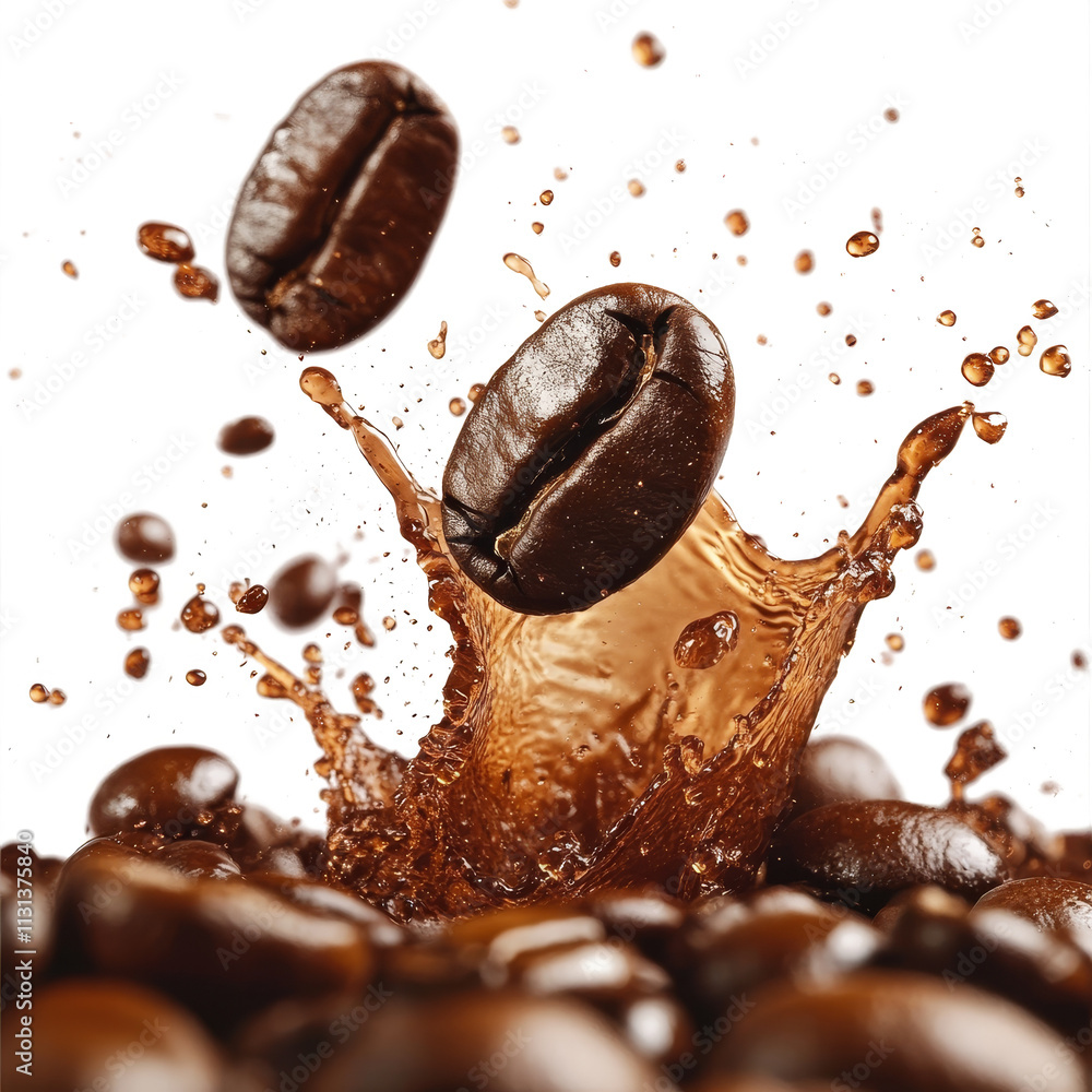 Poster coffee beans splash dramatically in a rich brown liquid against a backdrop, creating an engaging vis
