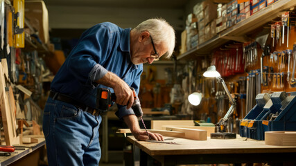 elderly man working with table on hardware store