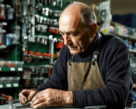 elderly man working with table on hardware store