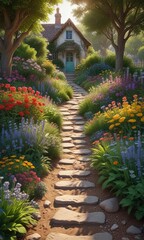 Obraz premium Cozy cottage at the end of a meandering garden path, pathway, trees