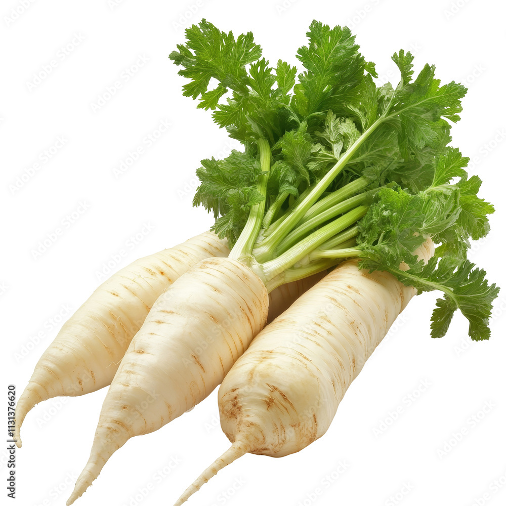 Poster fresh parsnips with green tops on a clean transparent background ready for use in culinary dishes, p