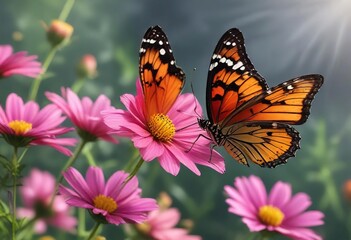 Fototapeta premium Delicate butterfly perched on a vibrant cosmos flower, colorful flowers, nature