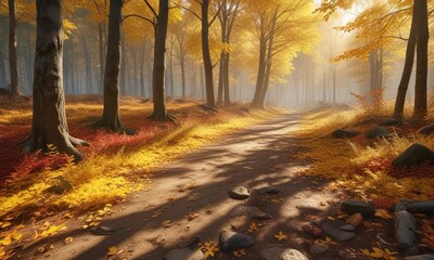 dense forest landscape with vibrant autumn foliage, yellow leaves scattered on the ground, warm sunlight filtering through trees , yellow leaves, natural landscape, autumn colors