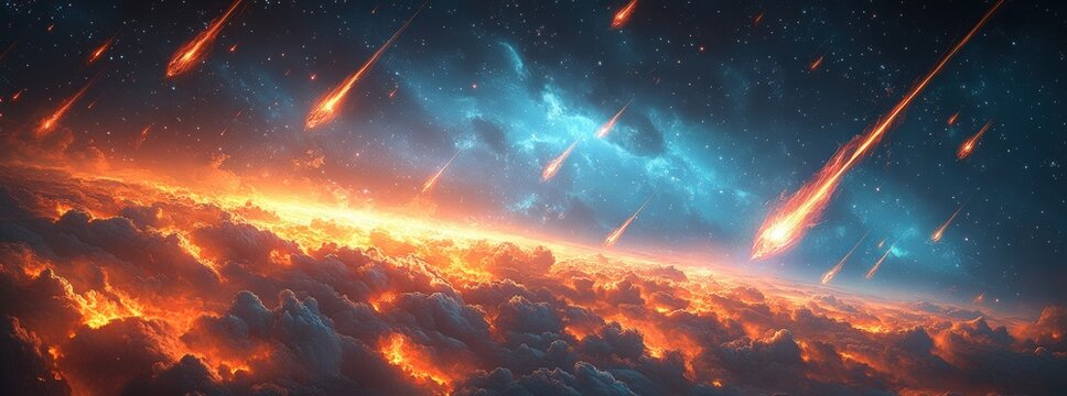 Fiery meteor shower streaks across a vibrant, fiery sky above a planet's fiery cloud layer.  A digital painting of cosmic phenomenon.