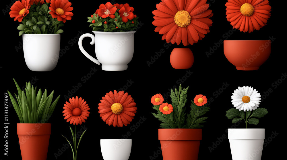 Fototapete 3d flower collection: a vibrant collection of 3d rendered flowers, showcasing a variety of styles an