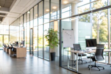 blurred view bright modern office space glass walls reflections, Finance Empty Environment