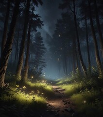 Obraz premium Fireflies lighting up the darkness of a forest night, bioluminescence, wildlife