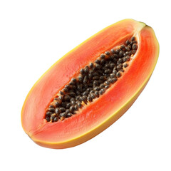Half of a ripe papaya cut open, showcasing bright orange flesh and numerous seeds against a transparent background, Half of ripe papaya fruit with seeds isolated on transparent background