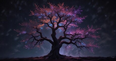 Iridescent starry tree shining brightly in the darkness, beam, brightness