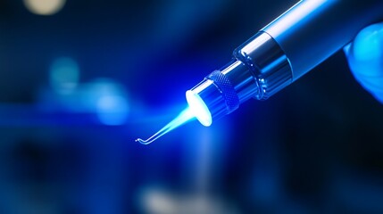 A dental professional prepares to utilize advanced laser technology in a clinical setting. The tool emits a focused blue light, emphasizing precision and innovation in dental treatments.