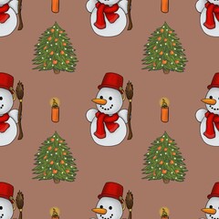 Seamless Pattern of Small Christmas Snowman, Christmas Tree, and Candle on Mocha Moss Background