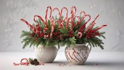A bundle of candy canes in a decorative vase on a white background with pinecones and holly, christmas decor, winter wonderland, holiday decoration