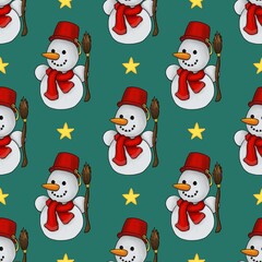 Seamless Pattern of Small Christmas Snowman and Star on Blue Green Peacocks Background